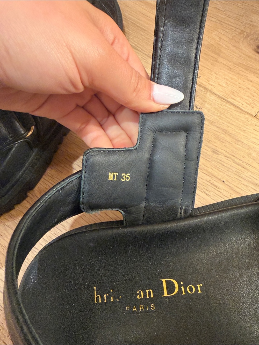 Dior Black Leather Men's Gold-Accented Velcro Strap Sandals - Picture 4 of 4